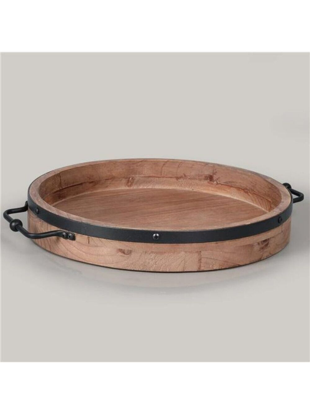 Round Wood Coffee Table Tray with Metal Handles Farmhouse Decor Centerpiece